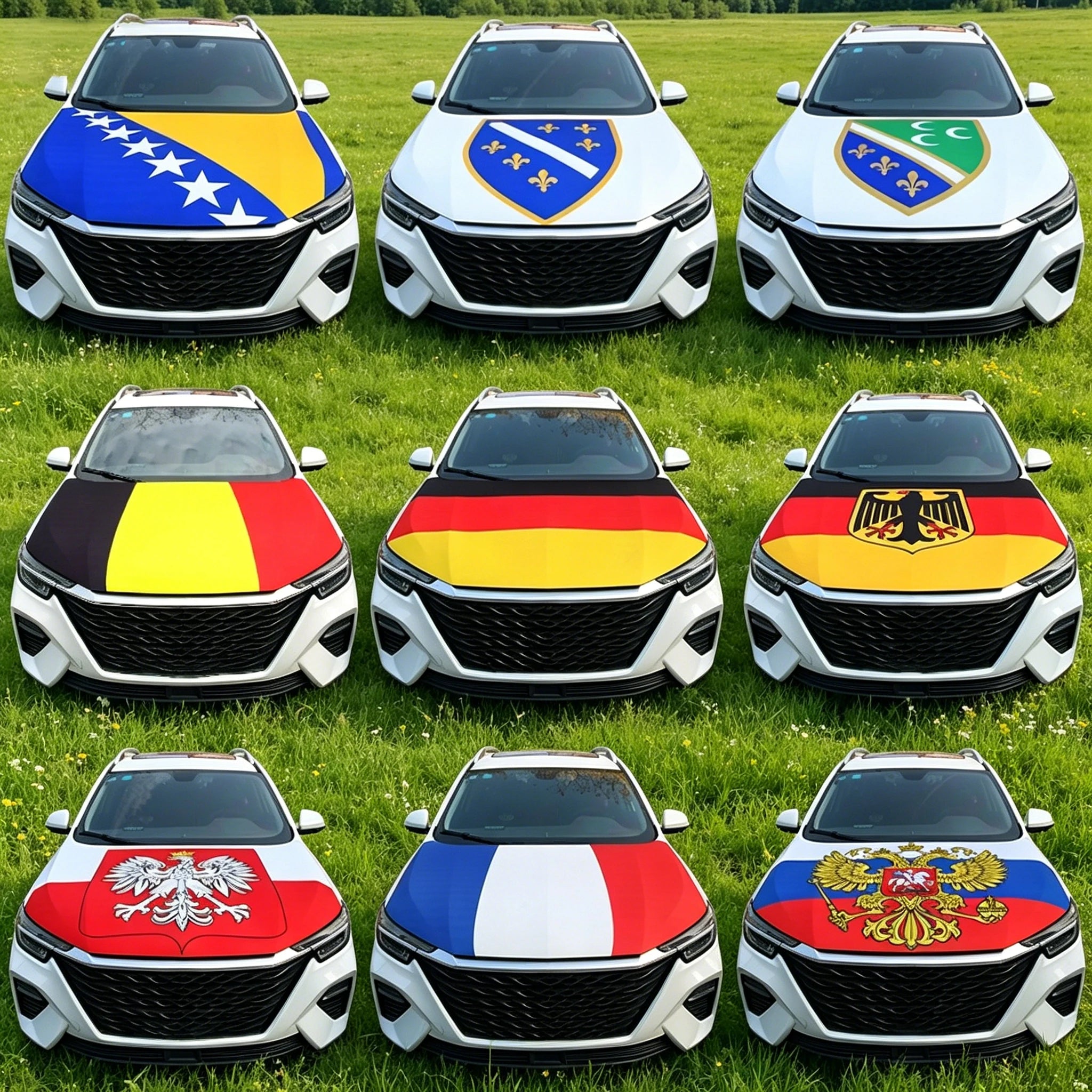 Nationale vlaggen voor auto-motorkapafdekking: België, Bosnië en Herzegovina, Polen, Duitsland, Rusland, Frankrijk (vlaggen voor decoratie).