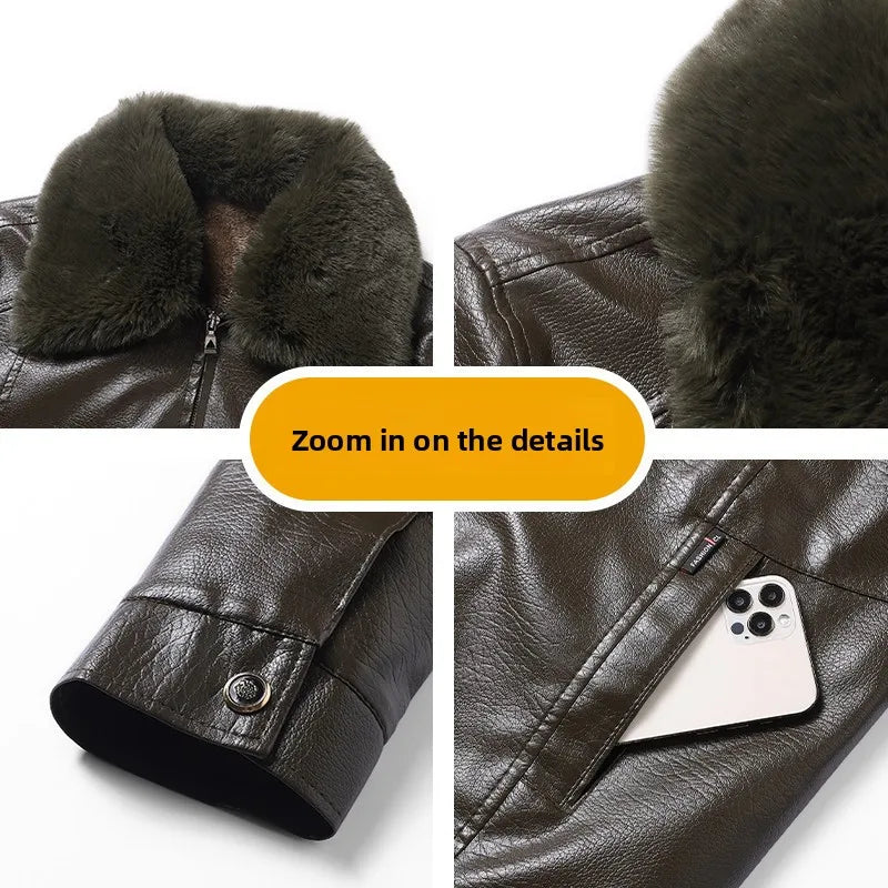 Verdikte fleece winter heren leren jas winddicht waterdicht afneembaar kraag