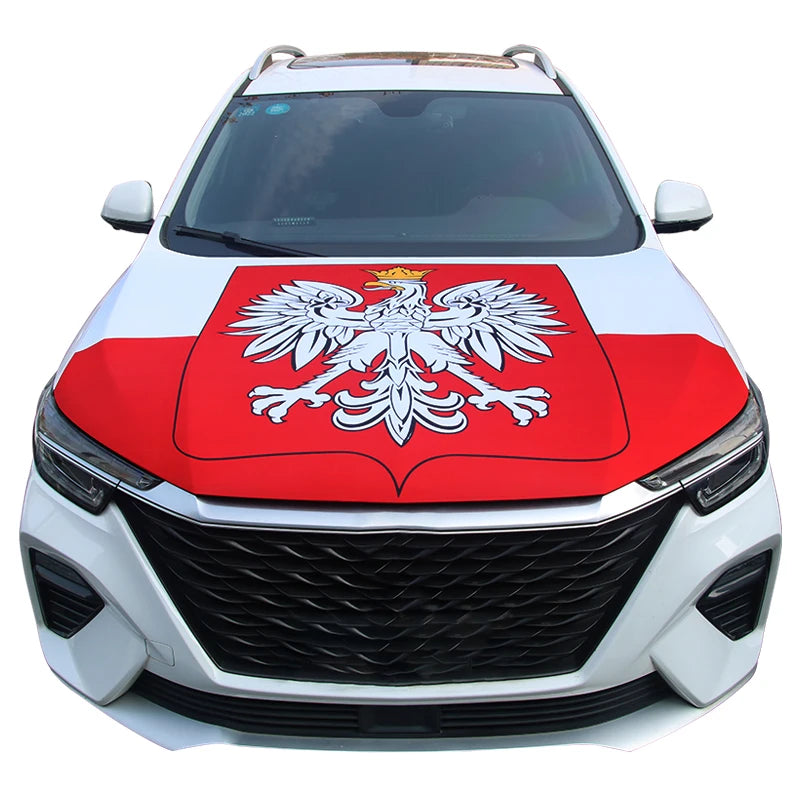 Nationale vlaggen voor auto-motorkapafdekking: België, Bosnië en Herzegovina, Polen, Duitsland, Rusland, Frankrijk (vlaggen voor decoratie).