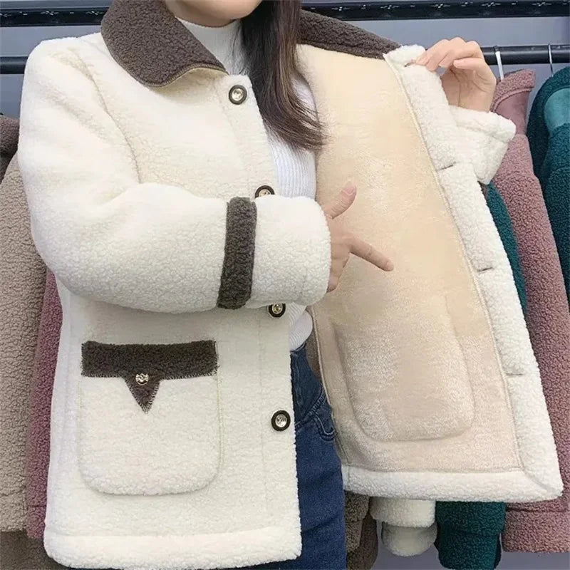 Dames Parka Nieuwe Lamswollen Jas met Fluweelgevoerde Moederbontjas