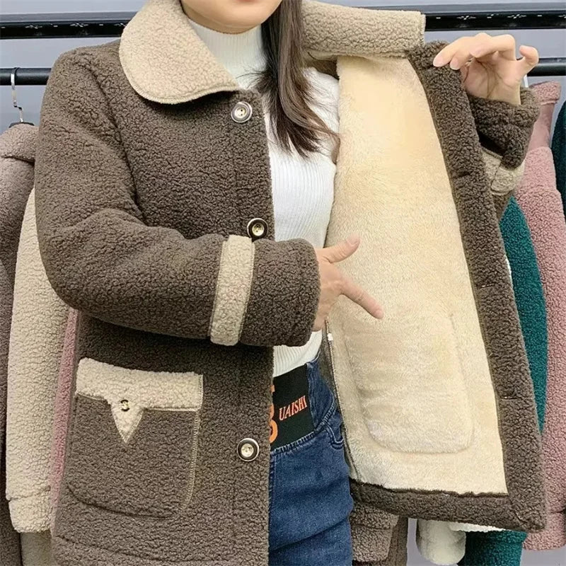 Dames Parka Nieuwe Lamswollen Jas met Fluweelgevoerde Moederbontjas
