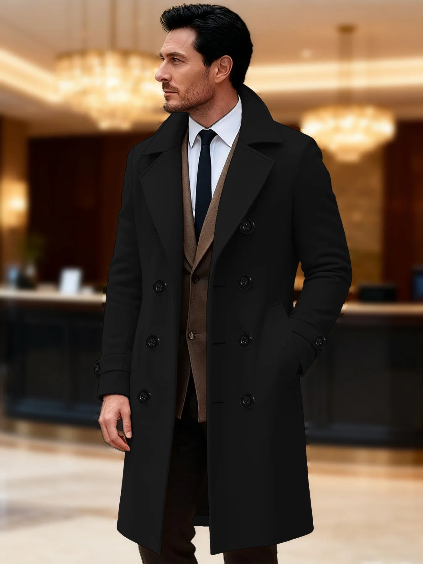 Dubbelknoops herenoverjas effen kleur lange wollen zakelijk Jas