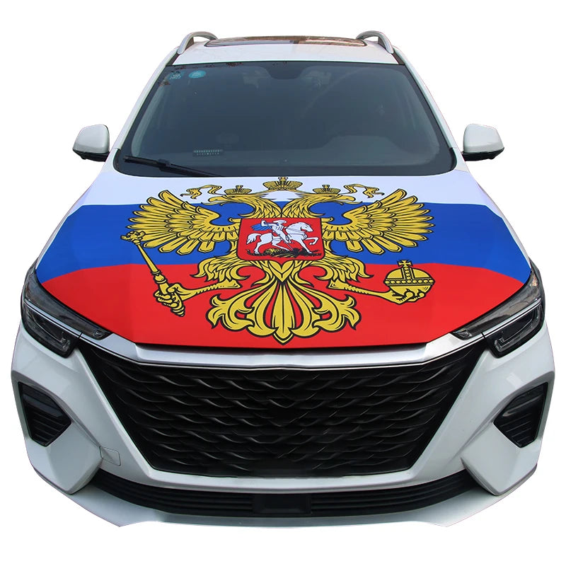 Nationale vlaggen voor auto-motorkapafdekking: België, Bosnië en Herzegovina, Polen, Duitsland, Rusland, Frankrijk (vlaggen voor decoratie).
