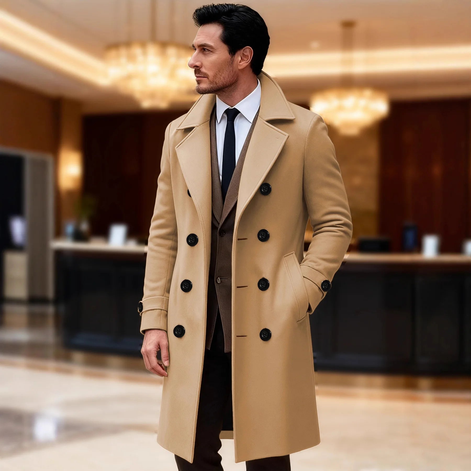 Dubbelknoops herenoverjas effen kleur lange wollen zakelijk Jas