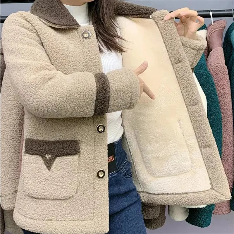 Dames Parka Nieuwe Lamswollen Jas met Fluweelgevoerde Moederbontjas
