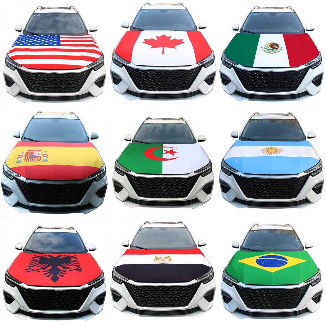 Nationale vlaggen voor auto-motorkap: vlag van Amerika, Canada, Mexico, Spanje, Albanië, Algerije, Argentinië en Brazilië voor voertuigdecoratie