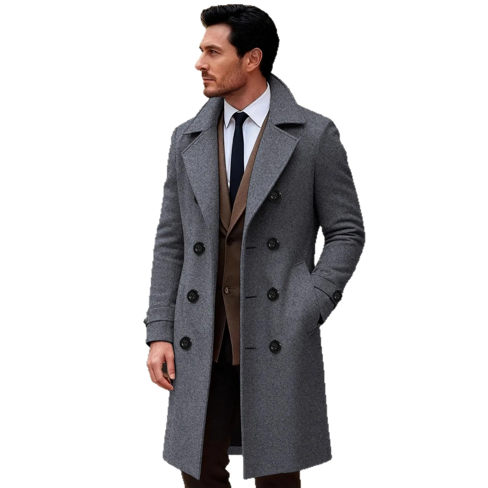 Dubbelknoops herenoverjas effen kleur lange wollen zakelijk Jas