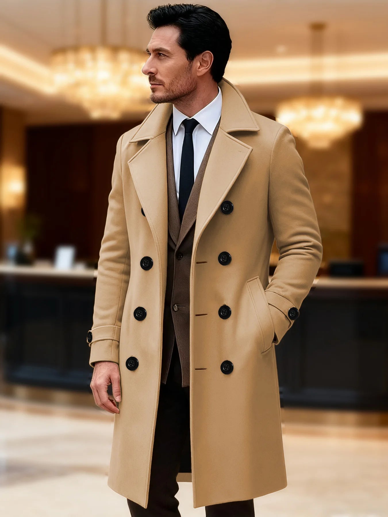 Dubbelknoops herenoverjas effen kleur lange wollen zakelijk Jas