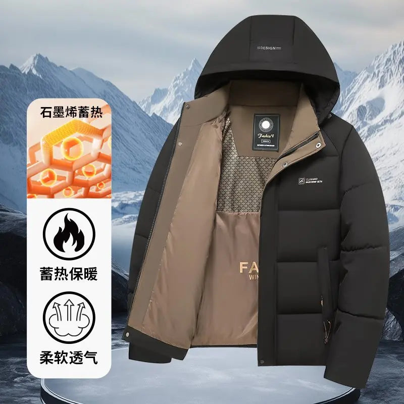 Heren winterjas, halflang, katoenen jas met afneembare capuchon, modieuze casual zakelijke stijl