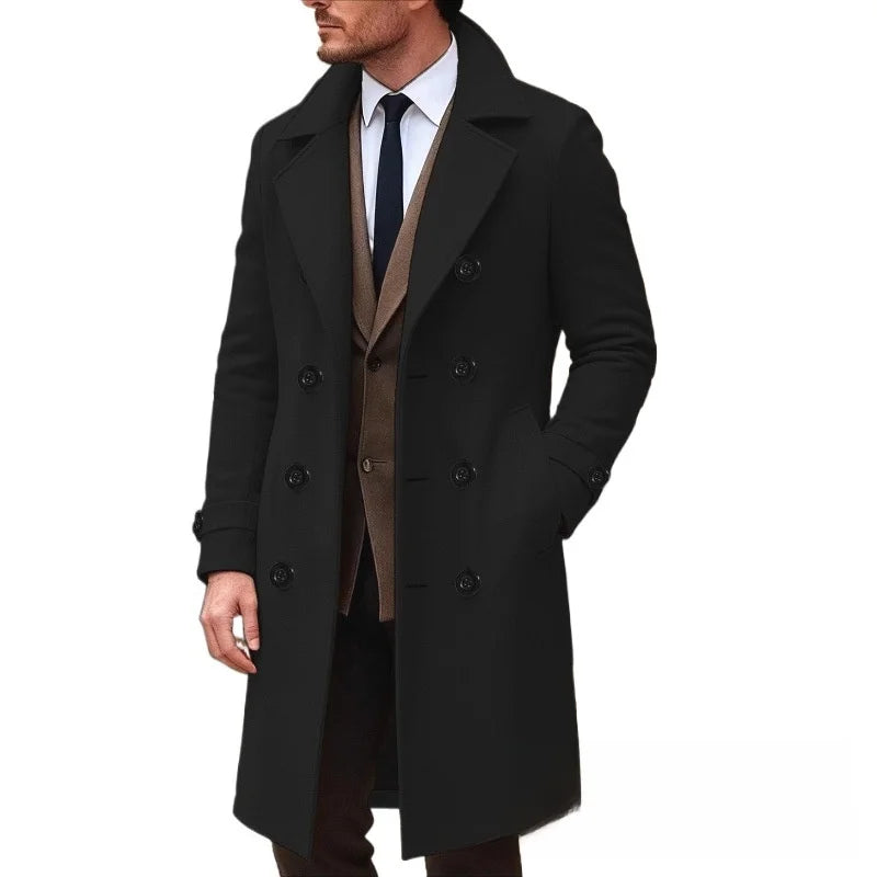 Dubbelknoops herenoverjas effen kleur lange wollen zakelijk Jas