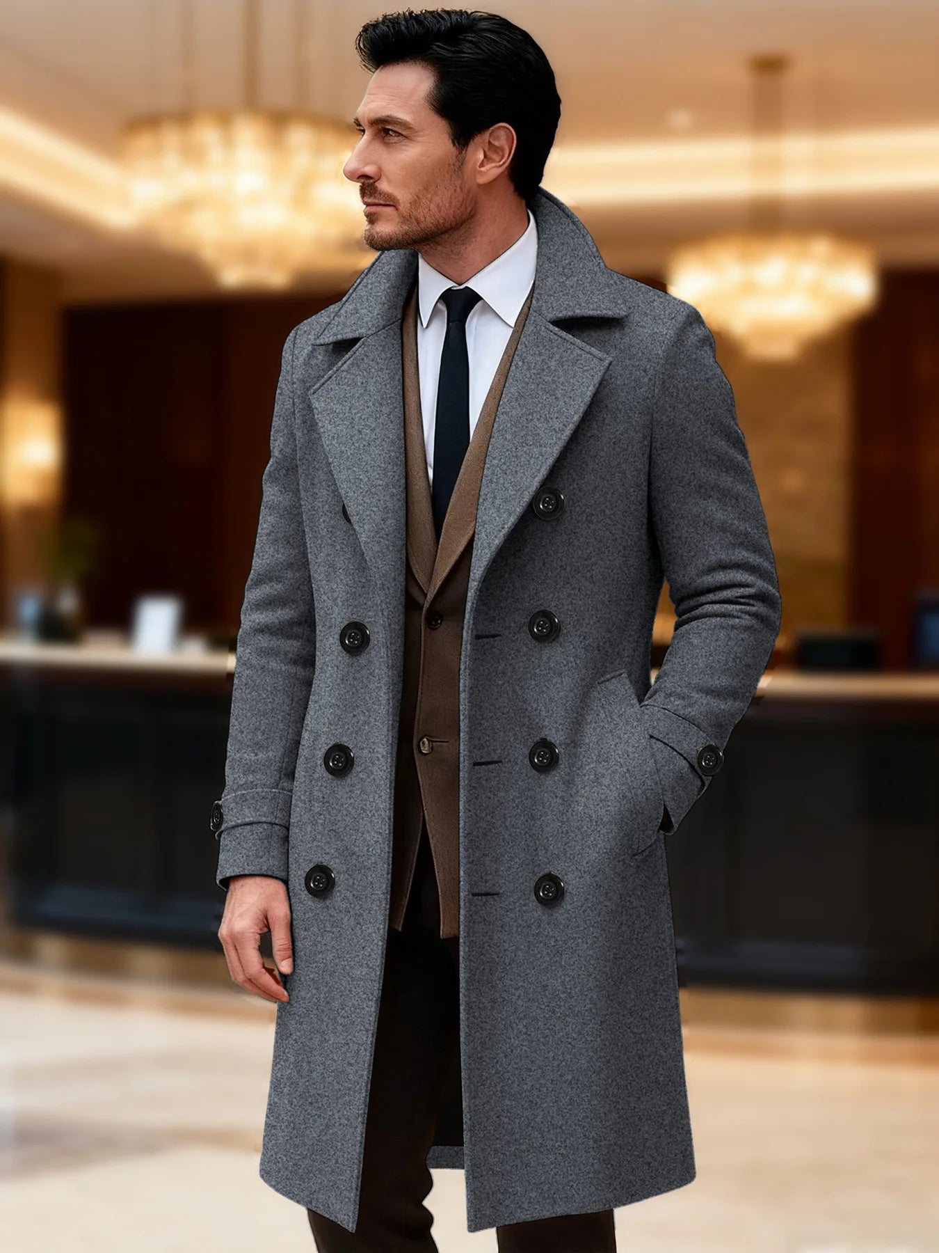 Dubbelknoops herenoverjas effen kleur lange wollen zakelijk Jas