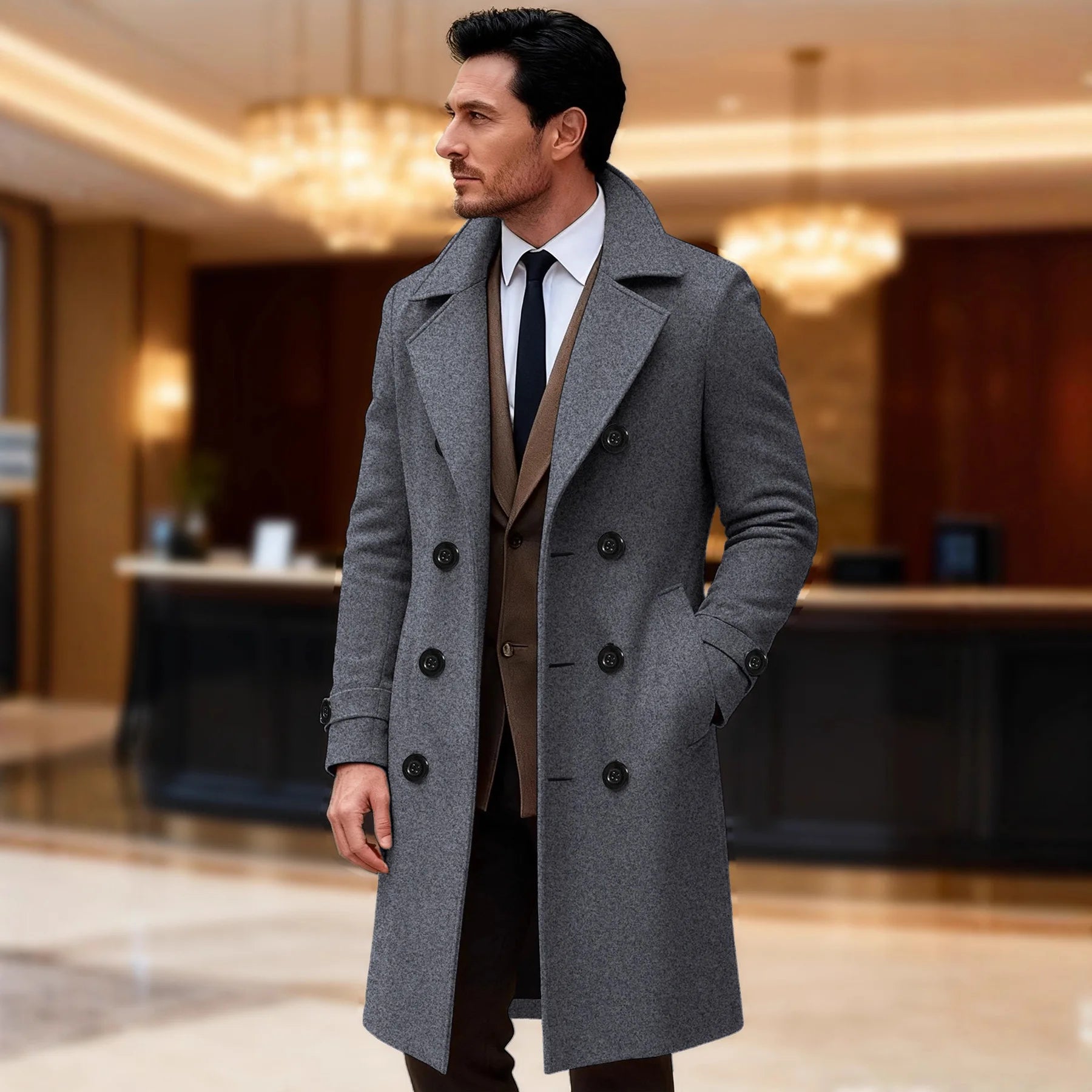 Dubbelknoops herenoverjas effen kleur lange wollen zakelijk Jas