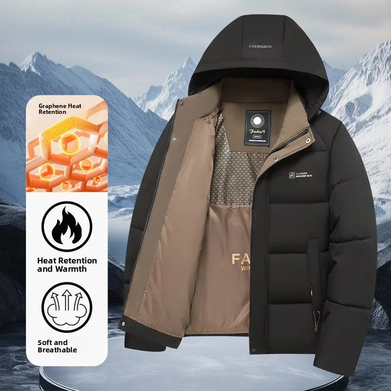 Heren winterjas, halflang, katoenen jas met afneembare capuchon, modieuze casual zakelijke stijl